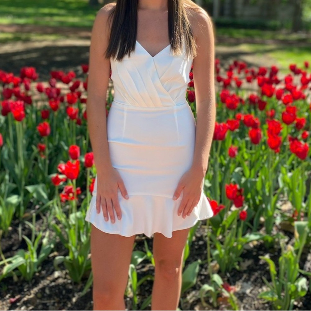 NBD White Ruffle Hem Mini Dress
